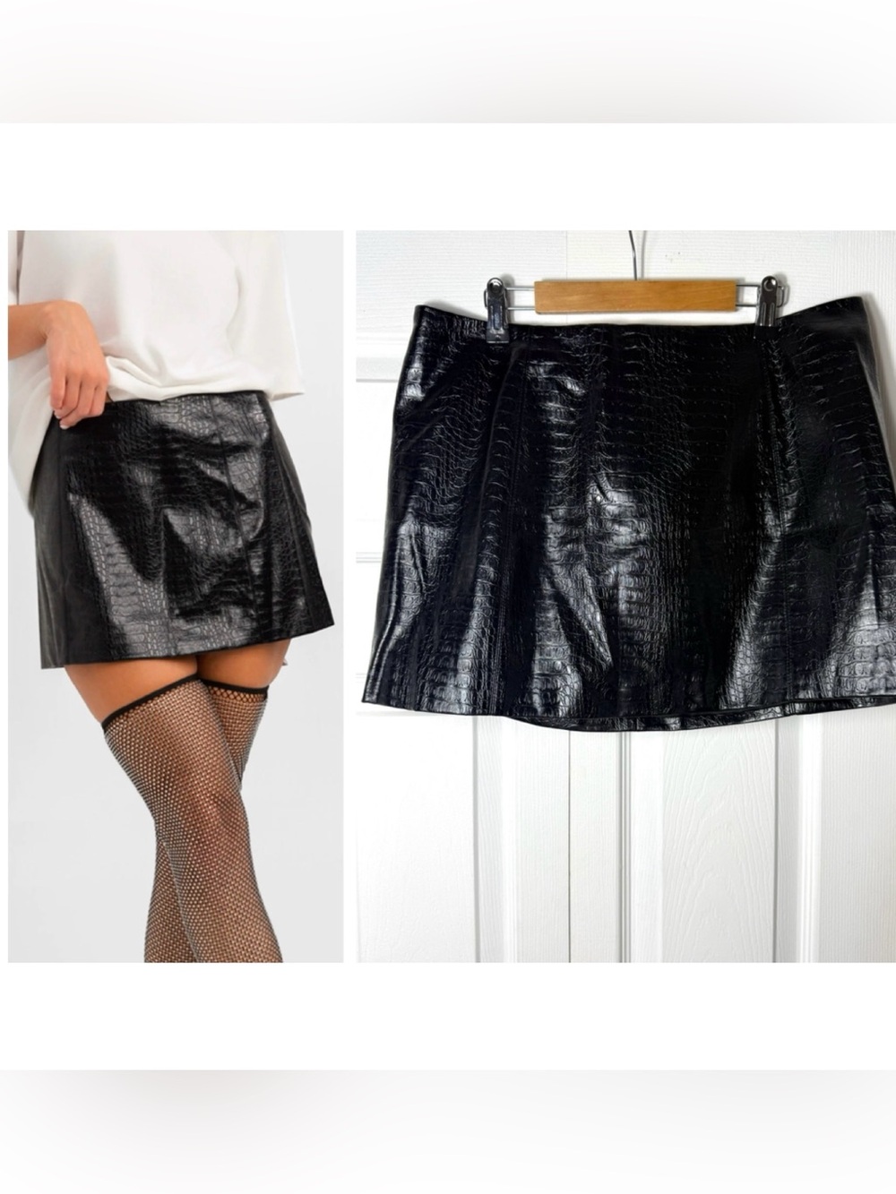 Naked Wardrobe Black Croc Faux Leather Mini Skirt High Waisted Size Large